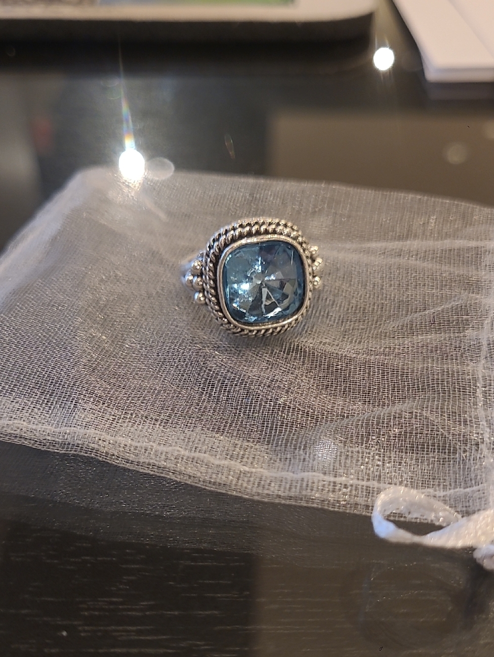 NEW Luxe Silver Plated Blue Topaz Crystal Chunky Statement Ring - Picture 7 of 9